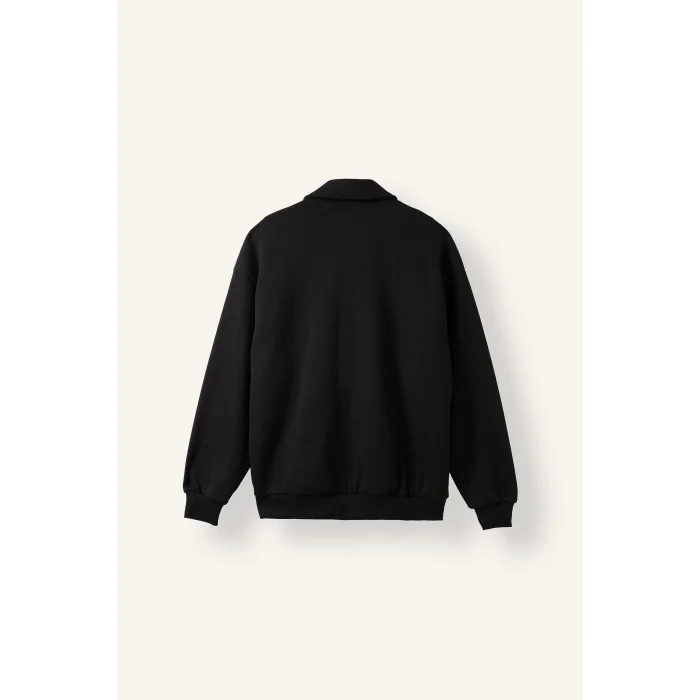 Defacto I0631AXBK81 Siyah Boxy Fit Polo Yaka Fermuarlı Şeritli Sweatshirt Hırka