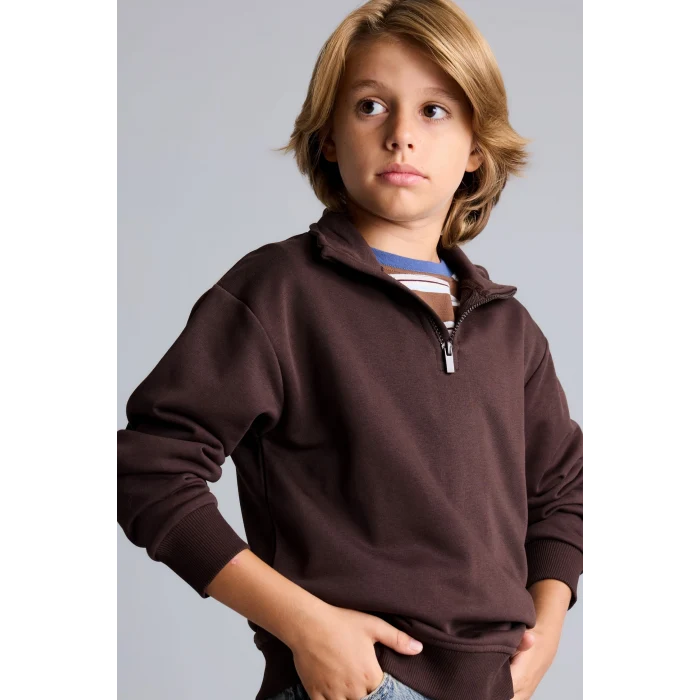 Defacto H7132A8BN267 Kahve Oversize Yarım Fermuarlı Dik Yaka Sweatshirt Erkek Çocuk