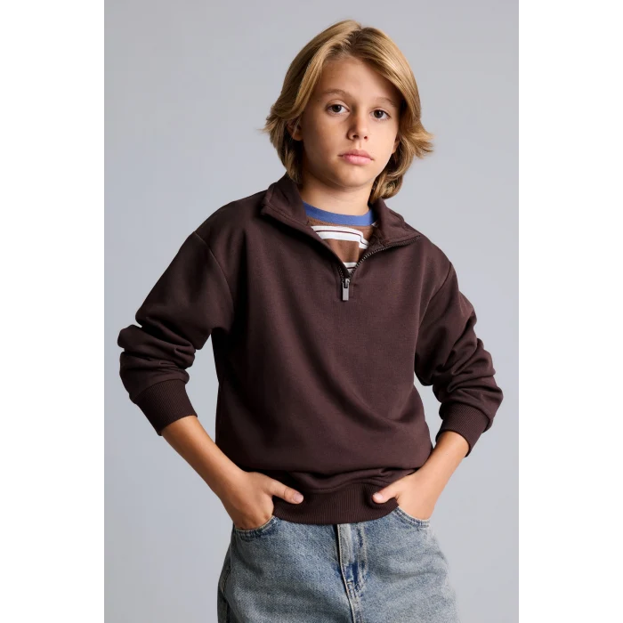 Defacto H7132A8BN267 Kahve Oversize Yarım Fermuarlı Dik Yaka Sweatshirt Erkek Çocuk