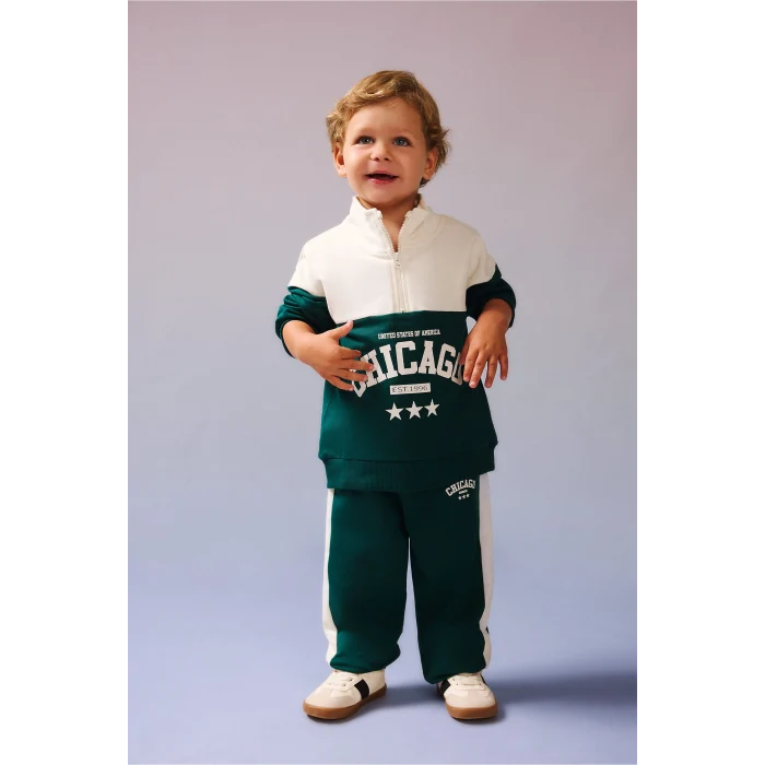 Defacto I0147A5GN671 Yeşil Dik Yaka Baskılı Sweatshirt Eşofman Altı 2li Takım Erkek Bebek