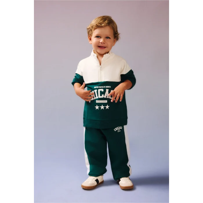 Defacto I0147A5GN671 Yeşil Dik Yaka Baskılı Sweatshirt Eşofman Altı 2li Takım Erkek Bebek