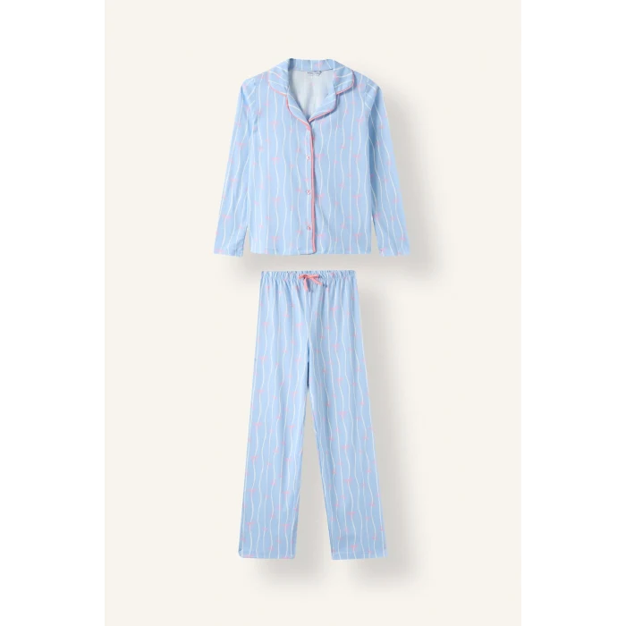 Defacto I1882A8BE791 Mavi Fiyonk Desenli Uzun Kollu Pijama Üstü Esnek Belli Uzun Pijama Altı Kız Çocuk