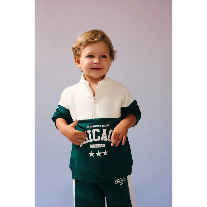 Defacto I0147A5GN671 Yeşil Dik Yaka Baskılı Sweatshirt Eşofman Altı 2li Takım Erkek Bebek