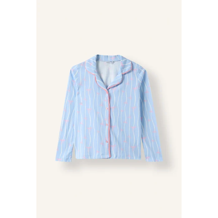 Defacto I1882A8BE791 Mavi Fiyonk Desenli Uzun Kollu Pijama Üstü Esnek Belli Uzun Pijama Altı Kız Çocuk