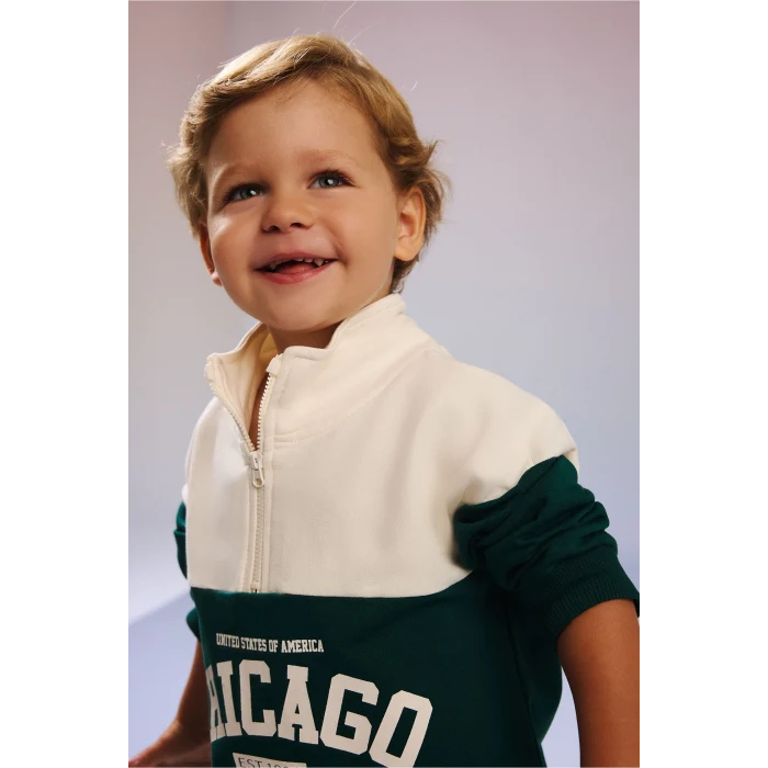 Defacto I0147A5GN671 Yeşil Dik Yaka Baskılı Sweatshirt Eşofman Altı 2li Takım Erkek Bebek