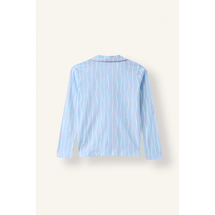 Defacto I1882A8BE791 Mavi Fiyonk Desenli Uzun Kollu Pijama Üstü Esnek Belli Uzun Pijama Altı Kız Çocuk