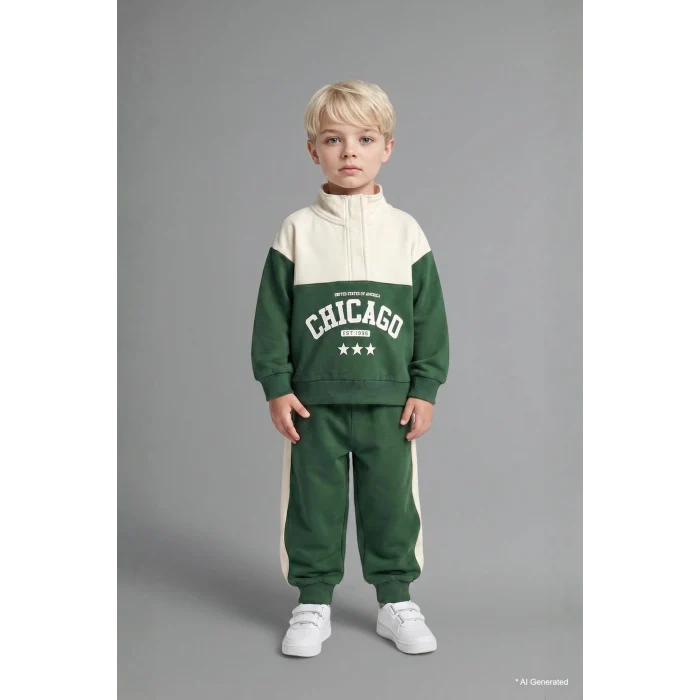 Defacto I0147A5GN671 Yeşil Dik Yaka Baskılı Sweatshirt Eşofman Altı 2li Takım Erkek Bebek