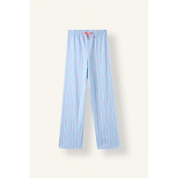 Defacto I1882A8BE791 Mavi Fiyonk Desenli Uzun Kollu Pijama Üstü Esnek Belli Uzun Pijama Altı Kız Çocuk