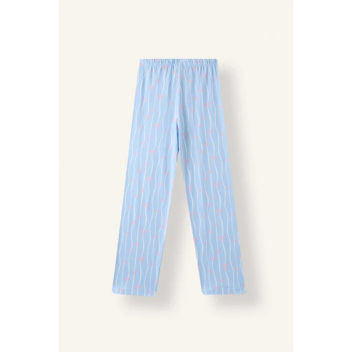 Defacto I1882A8BE791 Mavi Fiyonk Desenli Uzun Kollu Pijama Üstü Esnek Belli Uzun Pijama Altı Kız Çocuk
