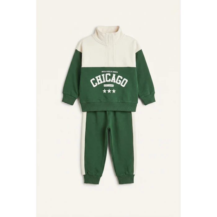 Defacto I0147A5GN671 Yeşil Dik Yaka Baskılı Sweatshirt Eşofman Altı 2li Takım Erkek Bebek