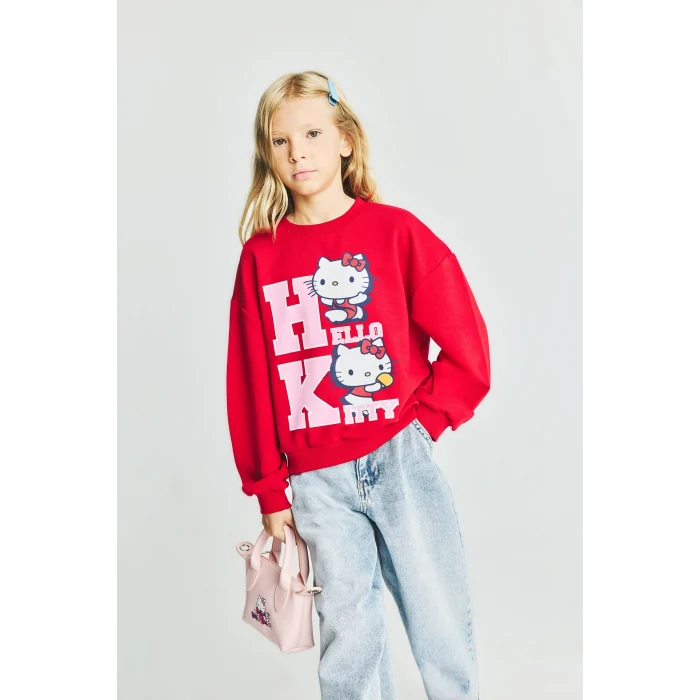Defacto I3554A8RD347 Kırmızı Hello Kitty Baskılı Relax Fit Bisiklet Yaka Sweatshirt Kız Çocuk