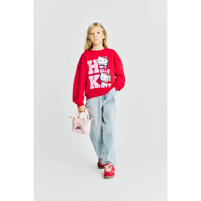 Defacto I3554A8RD347 Kırmızı Hello Kitty Baskılı Relax Fit Bisiklet Yaka Sweatshirt Kız Çocuk