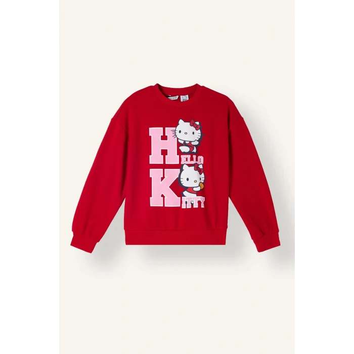 Defacto I3554A8RD347 Kırmızı Hello Kitty Baskılı Relax Fit Bisiklet Yaka Sweatshirt Kız Çocuk