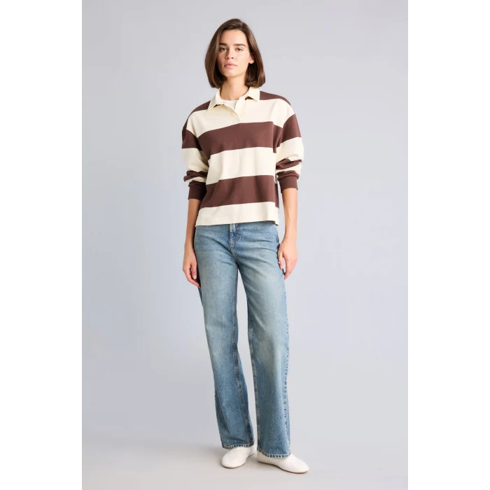 Defacto I2960AXBN341 Kahve %100 Pamuk Long Fit Polo Yaka Uzun Kollu Çizgili Sweatshirt
