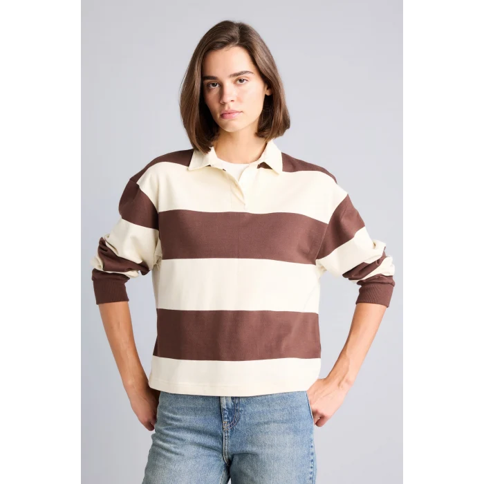 Defacto I2960AXBN341 Kahve %100 Pamuk Long Fit Polo Yaka Uzun Kollu Çizgili Sweatshirt