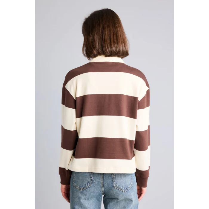 Defacto I2960AXBN341 Kahve %100 Pamuk Long Fit Polo Yaka Uzun Kollu Çizgili Sweatshirt