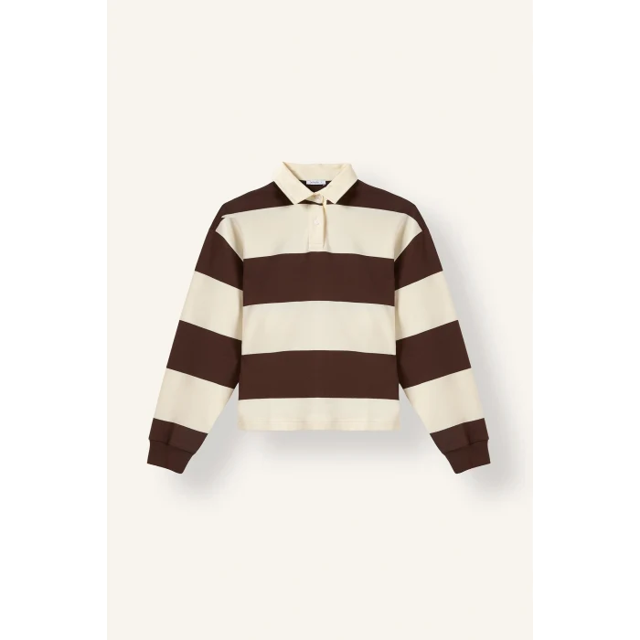 Defacto I2960AXBN341 Kahve %100 Pamuk Long Fit Polo Yaka Uzun Kollu Çizgili Sweatshirt