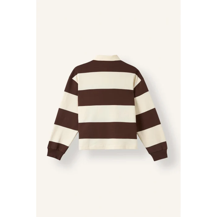 Defacto I2960AXBN341 Kahve %100 Pamuk Long Fit Polo Yaka Uzun Kollu Çizgili Sweatshirt