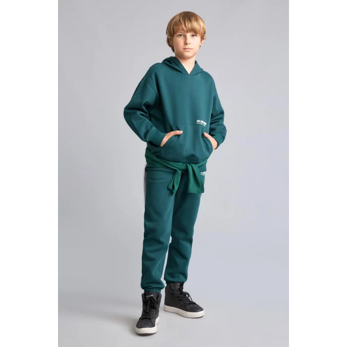 Defacto H9682A8GN1040 Yeşil Regular Fit Kapüşonlu Baskılı Kanguru Cepli Kalın Kumaş Sweatshirt Erkek Çocuk