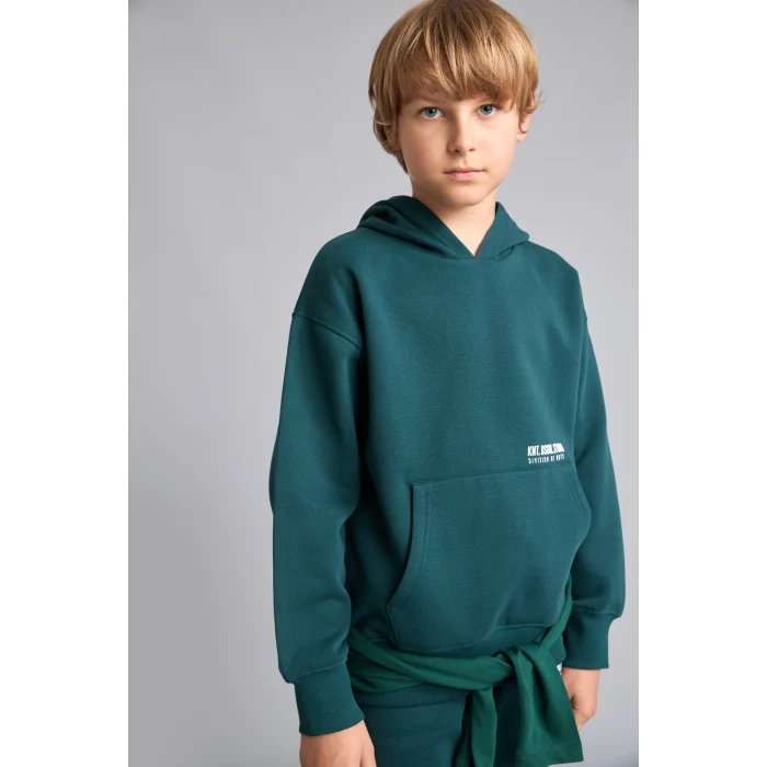Defacto H9682A8GN1040 Yeşil Regular Fit Kapüşonlu Baskılı Kanguru Cepli Kalın Kumaş Sweatshirt Erkek Çocuk