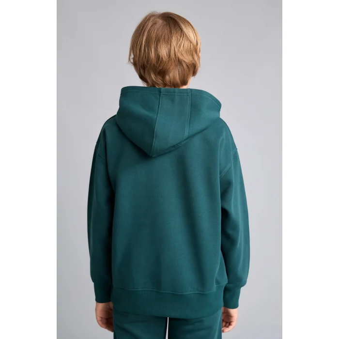 Defacto H9682A8GN1040 Yeşil Regular Fit Kapüşonlu Baskılı Kanguru Cepli Kalın Kumaş Sweatshirt Erkek Çocuk