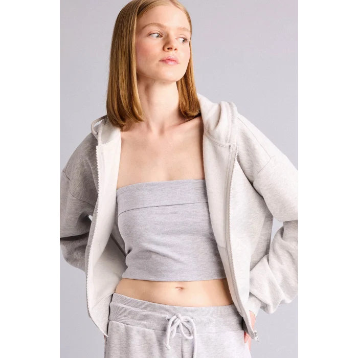Defacto Z7069AZGR256 Gri Cropped Fıt Kapüşonlu Kalın Kumaş Sweatshirt Hırka
