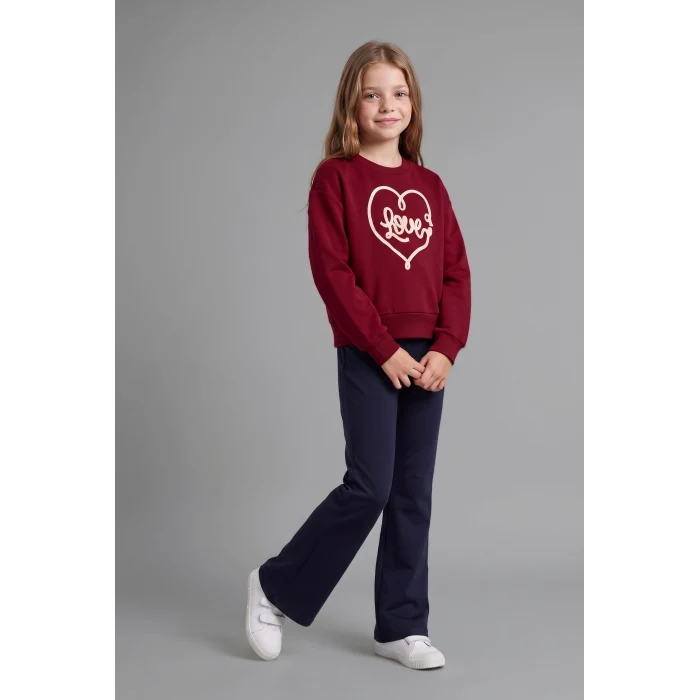 Defacto I1136A8BR229 Bordo Bisiklet Yaka Baskılı Sweatshirt Üst İspanyol Paça Tayt Alt 2li Takım Kız Çocuk