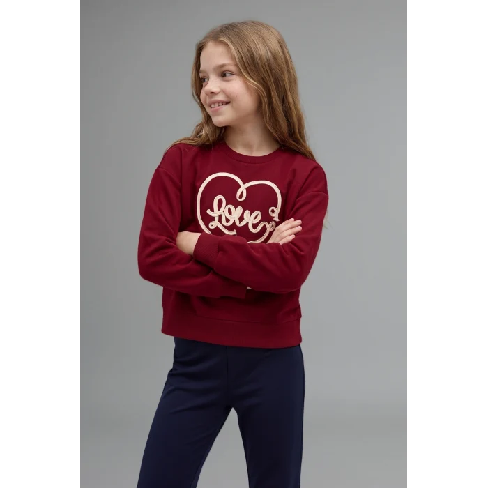 Defacto I1136A8BR229 Bordo Bisiklet Yaka Baskılı Sweatshirt Üst İspanyol Paça Tayt Alt 2li Takım Kız Çocuk