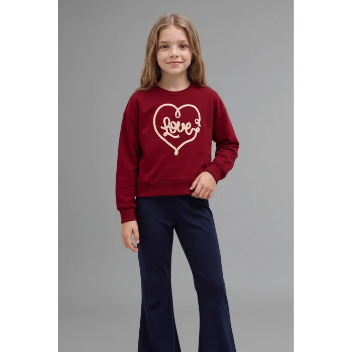 Defacto I1136A8BR229 Bordo Bisiklet Yaka Baskılı Sweatshirt Üst İspanyol Paça Tayt Alt 2li Takım Kız Çocuk