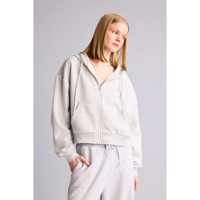 Defacto Z7069AZGR256 Gri Cropped Fıt Kapüşonlu Kalın Kumaş Sweatshirt Hırka