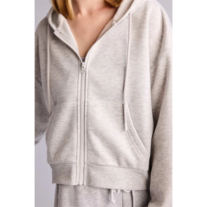Defacto Z7069AZGR256 Gri Cropped Fıt Kapüşonlu Kalın Kumaş Sweatshirt Hırka