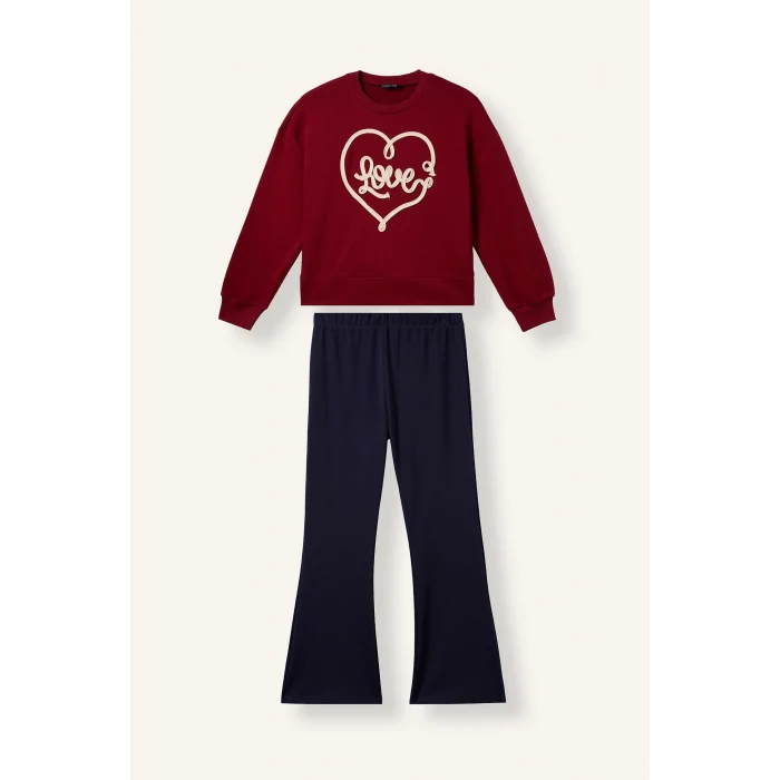Defacto I1136A8BR229 Bordo Bisiklet Yaka Baskılı Sweatshirt Üst İspanyol Paça Tayt Alt 2li Takım Kız Çocuk