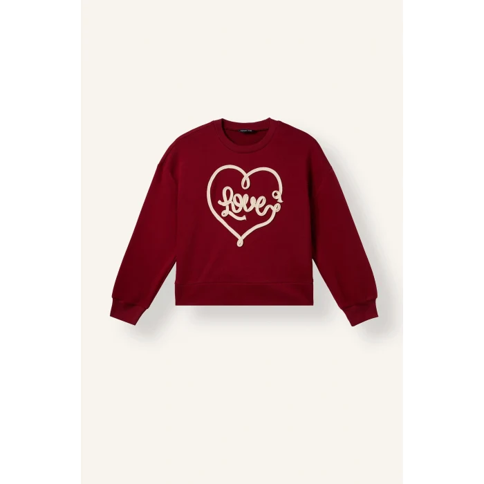 Defacto I1136A8BR229 Bordo Bisiklet Yaka Baskılı Sweatshirt Üst İspanyol Paça Tayt Alt 2li Takım Kız Çocuk