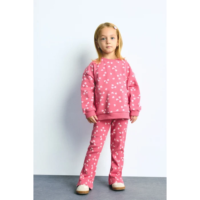Defacto I3663A5RD60 Kırmızı %100 Pamuk Kalp Desenli Sweatshirt Esnek Belli İspanyol Paça Tayt 2li Takım Kız Bebek