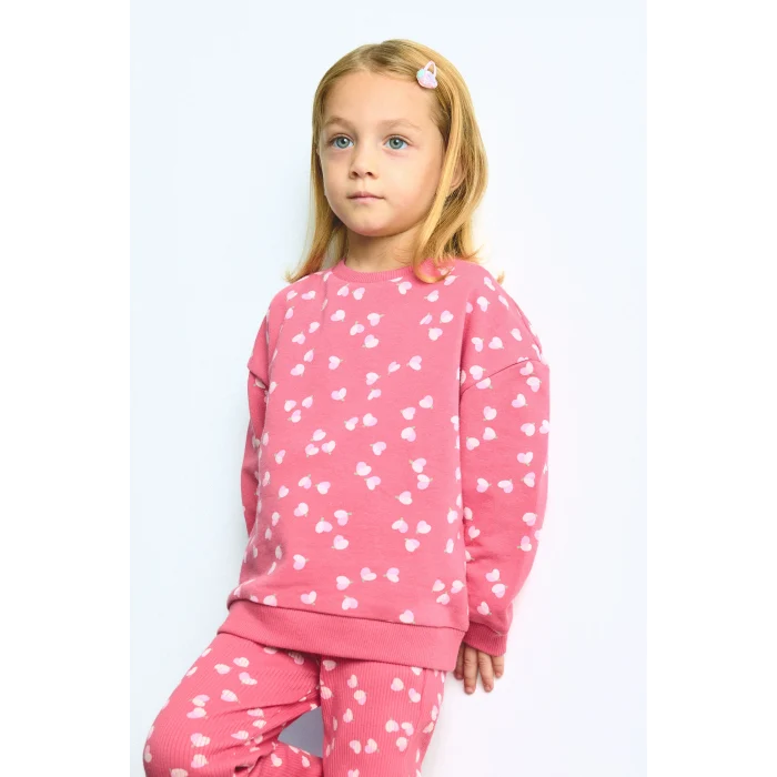Defacto I3663A5RD60 Kırmızı %100 Pamuk Kalp Desenli Sweatshirt Esnek Belli İspanyol Paça Tayt 2li Takım Kız Bebek