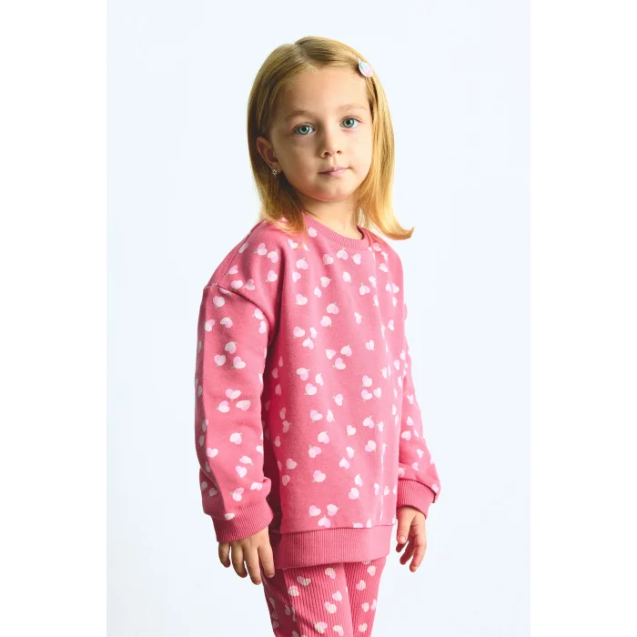 Defacto I3663A5RD60 Kırmızı %100 Pamuk Kalp Desenli Sweatshirt Esnek Belli İspanyol Paça Tayt 2li Takım Kız Bebek