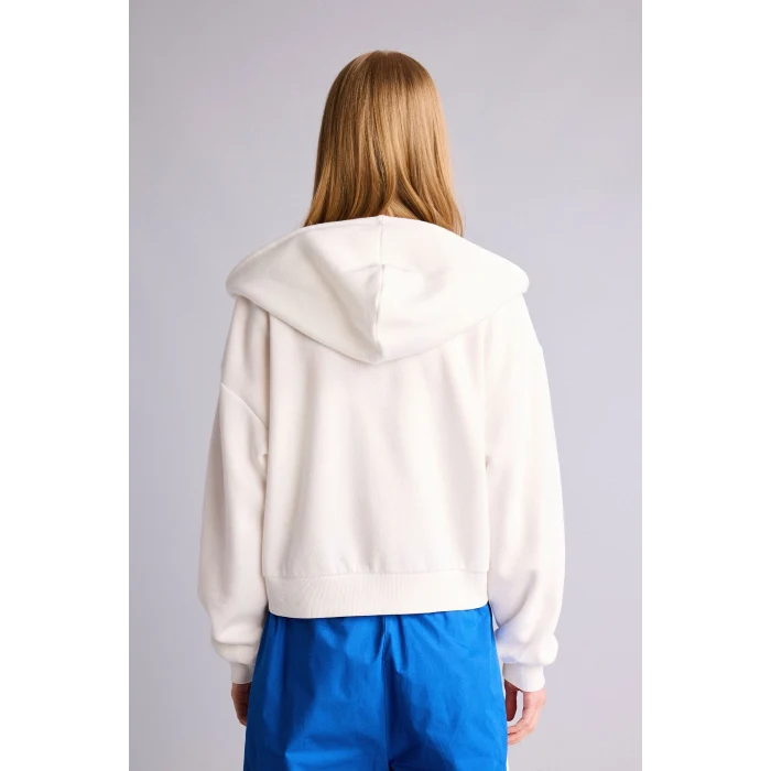 Defacto Z7069AZWT32 Beyaz Cropped Fit Kapüşonlu Kalın Fermuarlı Sweatshirt