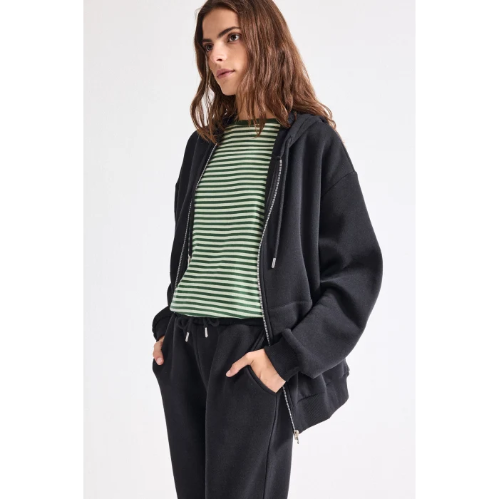 Defacto D8717AXBK81 Siyah Relax Fit Kapüşonlu Fermuarlı Cepli Basic Sweatshirt Hırka