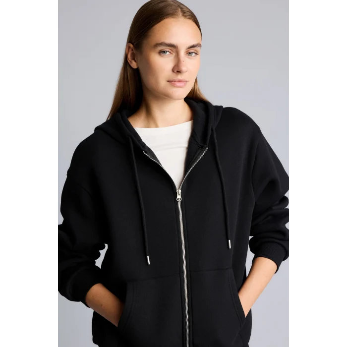Defacto D8717AXBK81 Siyah Relax Fit Kapüşonlu Fermuarlı Cepli Basic Sweatshirt Hırka