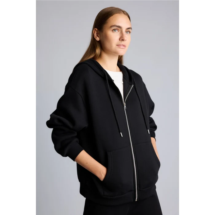 Defacto D8717AXBK81 Siyah Relax Fit Kapüşonlu Fermuarlı Cepli Basic Sweatshirt Hırka