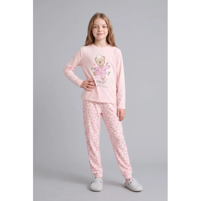 Defacto I3895A8PN645 Pembe Baskılı Uzun Kollu Üst Lastikli Paça Alt 2li Pijama Takımı Kız Çocuk