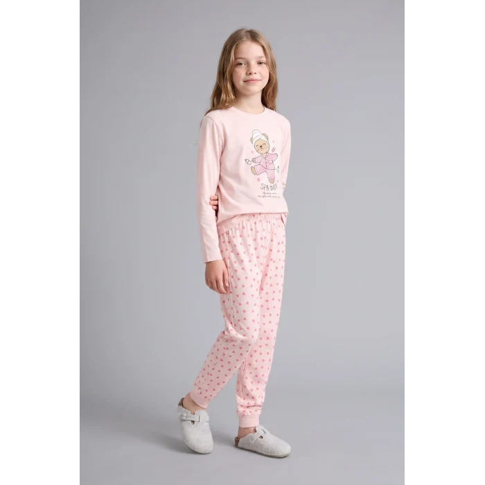 Defacto I3895A8PN645 Pembe Baskılı Uzun Kollu Üst Lastikli Paça Alt 2li Pijama Takımı Kız Çocuk