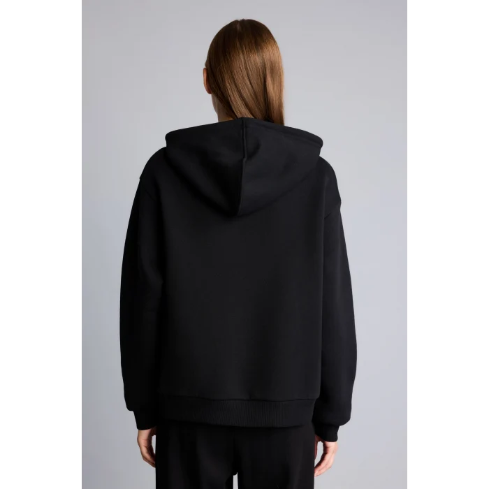 Defacto D8717AXBK81 Siyah Relax Fit Kapüşonlu Fermuarlı Cepli Basic Sweatshirt Hırka
