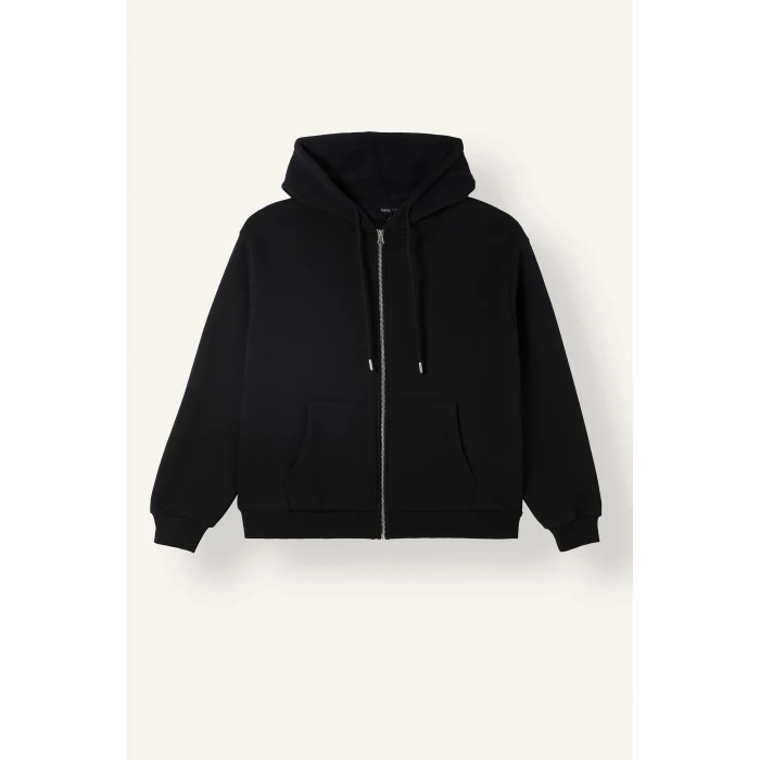 Defacto D8717AXBK81 Siyah Relax Fit Kapüşonlu Fermuarlı Cepli Basic Sweatshirt Hırka