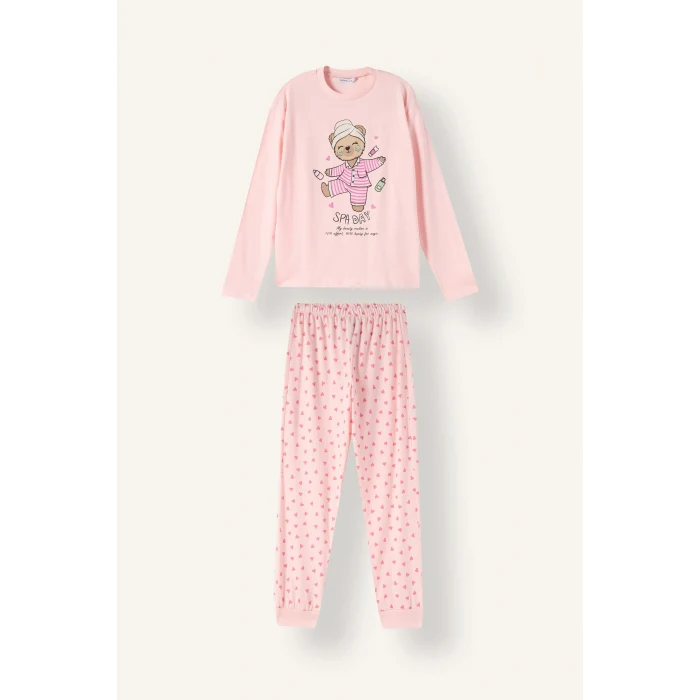 Defacto I3895A8PN645 Pembe Baskılı Uzun Kollu Üst Lastikli Paça Alt 2li Pijama Takımı Kız Çocuk