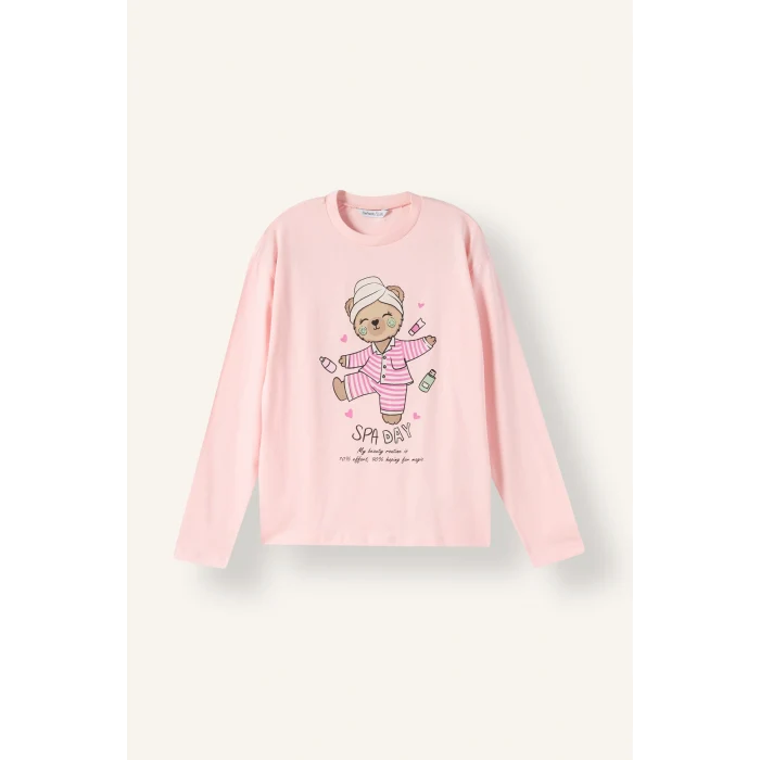 Defacto I3895A8PN645 Pembe Baskılı Uzun Kollu Üst Lastikli Paça Alt 2li Pijama Takımı Kız Çocuk