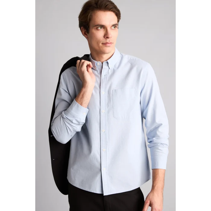 Defacto A8028AXBE177 Mavi %100 Pamuk Regular Fit Polo Yaka Oxford Basic Uzun Kollu Gömlek