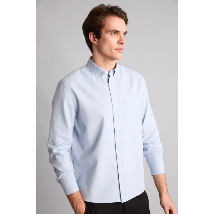 Defacto A8028AXBE177 Mavi %100 Pamuk Regular Fit Polo Yaka Oxford Basic Uzun Kollu Gömlek