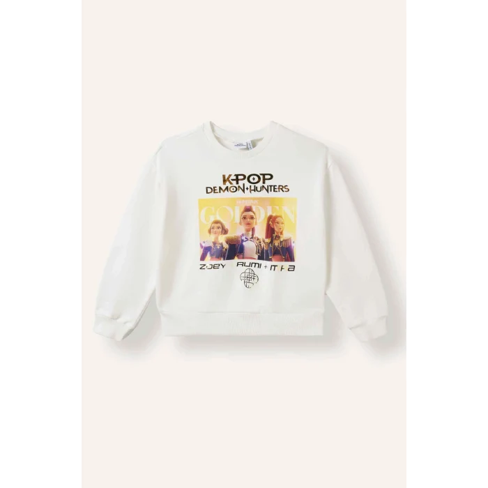 Defacto I3552A8ER105 Ekru Kpop - Demon Hunters Relax Fit Baskılı Bisiklet Yaka Sweatshirt Kız Çocuk