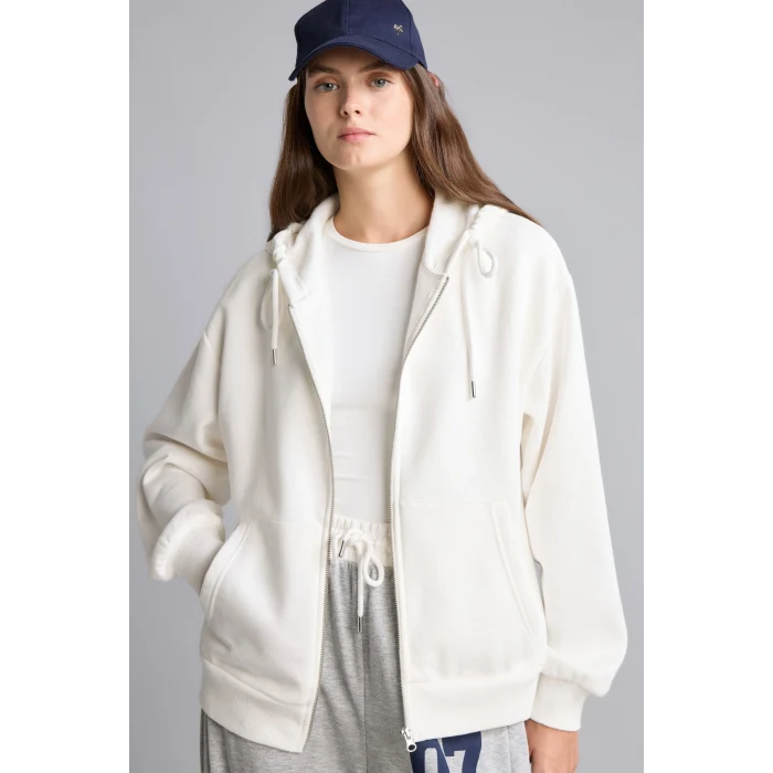 Defacto C1809AXER105 Ekru Relax Fit Kapüşonlu Cepli Basıc Fermuarlı Sweatshirt